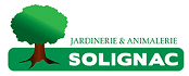 Jardinerie & Animalerie Solignac : Végétaux et Animaux Logo pour Jardinerie & Animalerie Solignac : un arbre vert stylisé à gauche et le nom de l'enseigne en blanc sur fond vert.