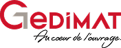 Logo Gedimat : Revêtements et Matériaux de Construction Logo de Gedimat en lettres rouges et grises sur fond noir. Le 'G' est rouge, le 'e' est formé d'un carré gris avec un angle, et le reste est rouge.