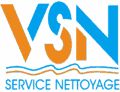 Logo néon bleu et orange VSN pour Service Nettoyage, avec deux lignes ondulées symbolisant l'eau ou le mouvement.